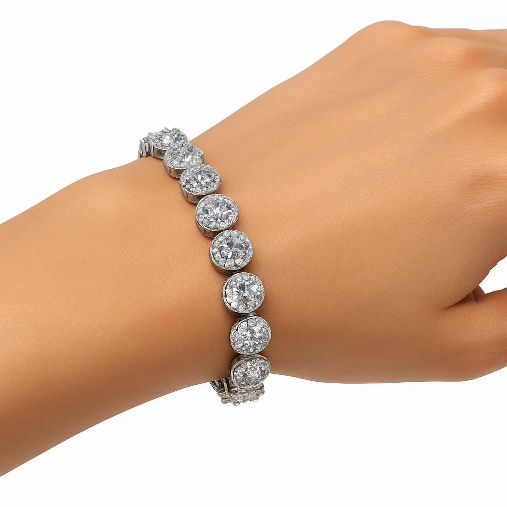 Elegant Bracelet with Silver Coloured Cubic Zirconia Stones and Lobster Lock. 19cm.