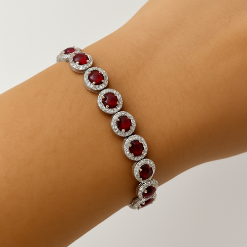 Elegant Bracelet with Ruby Coloured Cubic Zirconia Stones and Lobster Lock. 19cm.