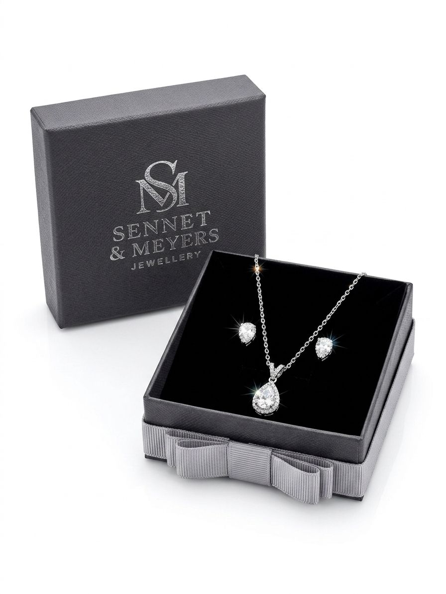 Sennet & Meyers Teardrop Crystal Necklace & Earrings Set Silver-Tone Jewellery Gift Box